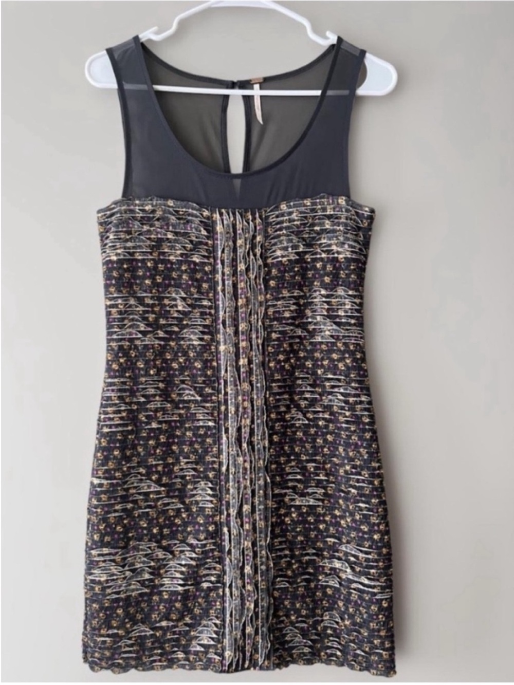 Free People Women's Gray Floral Mesh Ruffle Shimmy Bodycon Mini Dress Size S